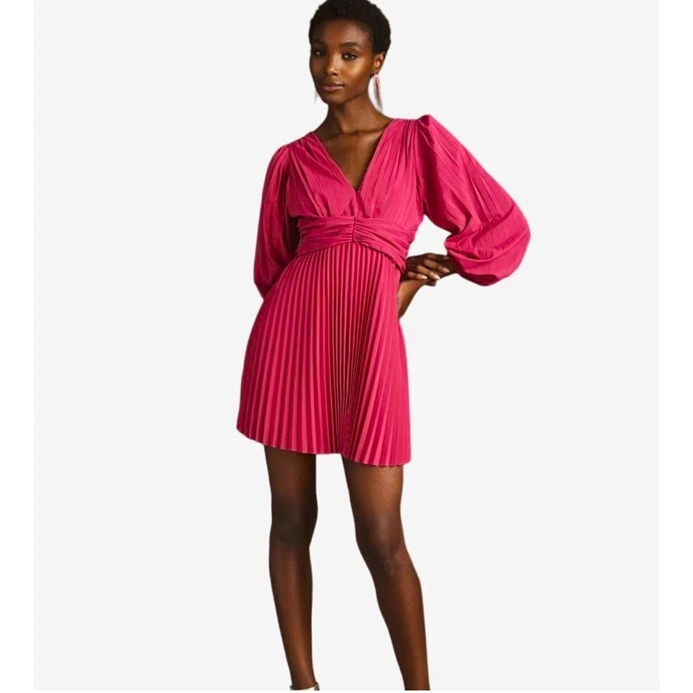Anthropologie Aureta Pleated Long-Sleeve V Neck Midi Dress Raspberry Sz S NEW - Picture 2 of 11